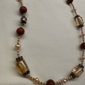 24” Bead and Pearl Necklace with Gold and Brown Accents